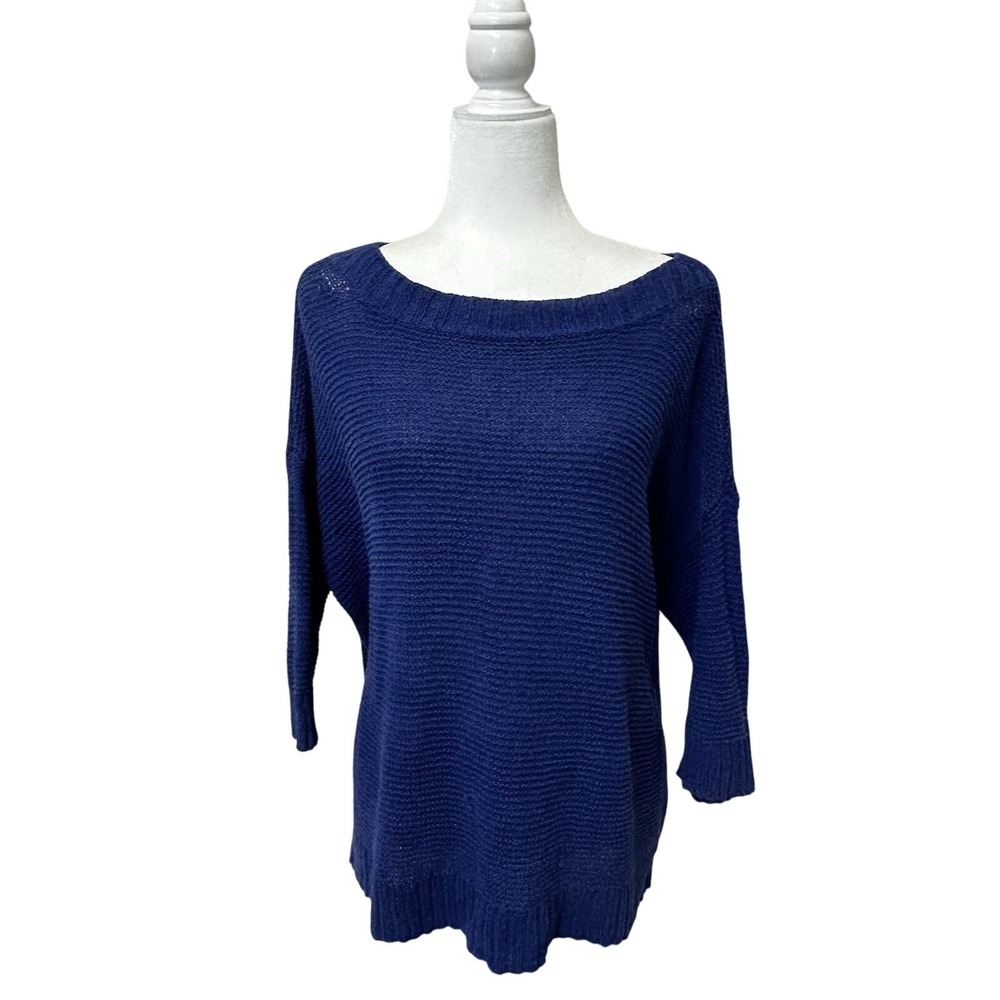 Eileen Fisher Linen Cotton Knit Sweater Bateau Neck Blue Beach Coastal Sz Medium